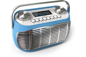 Audible Fidelity DETROIT DAB Radio Alarm Clock, Retro Style, Mains Powered or Battery, FM/DAB Plus, LCD Display (Blue)