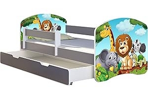 ACMA Letto per Bambino Cameretta per Bambino con Materasso Cassetto II Grigio (02 Animaletti, 160x80 + Cassetto)