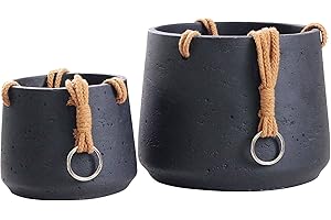 OLLY & ROSE Copenhagen Matt Black Ceramic Hanging Plant Pot Set of 2 - Includes Hanging Rope - Ceramic Cement Hanging Planters for Indoor & Outdoors - Textured Effect - Large & Medium Plant Pots…