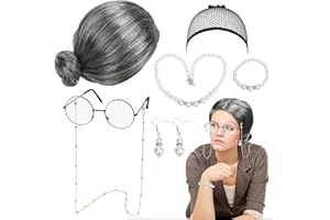HONMOK 7Pcs Old Lady Costume Set Halloween Grandma Fancy Dress Kit with Grey Granny Wig Glasses Eyeglass Chain Bracelet Necklace Earrings for Halloween Masquerade Cosplay Outfit Accessories