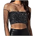 YKingder Grid Sequin Round Neck Long Sleeve Top, Mesh Crystal Long Sleeve Fishnet Crop Tops Rhinestone See Through Cover up Bikini for Women,Average
