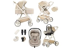 Lnhcrbs Kinderwagen 3 in 1,Stroller Set ist ein mit einer Hand faltbarer Aluminiumrahmen, Bergsteiger Kinderwagen ist aus Leder, wasser- und schmutzabweisend, Für 0-4 Jahre, 22KG(Khaki)