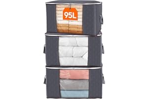 Lifewit 95L Clothes Storage Bags Large Storage Box With Lid Packing Boxes for Moving House With Reinforced Handle Thick Fabric Clear Window for Clothes Duvet Blankets Bedding, 3 Pack, Grey