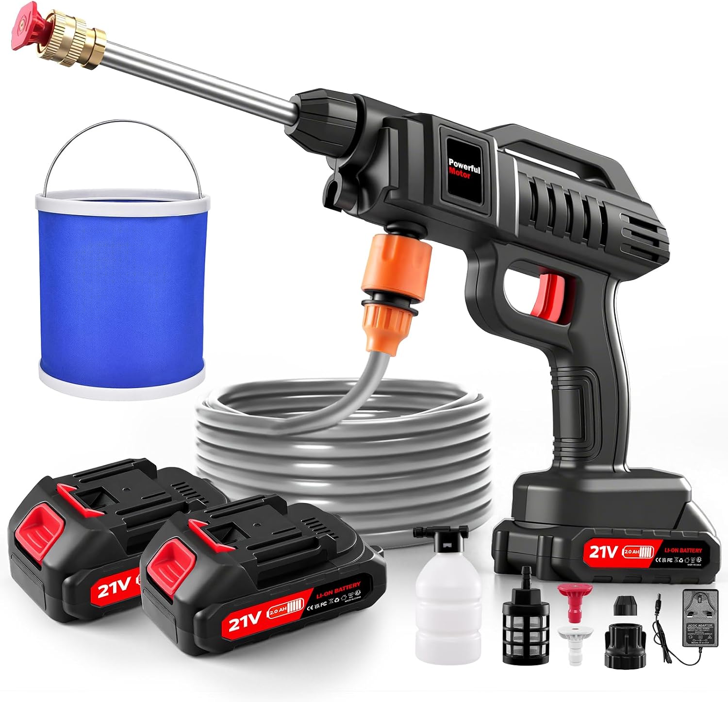 1500W Cordless Pressure Washers with Bucket,2 Batteries & 5m Hose,870PSI Portable Power Washer for Car Bike Patio Garden,High-Efficiency Battery Jet Wash for Outdoor Cleaning