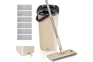 Masthome Mop and Buckets Sets,Flat Mops with 6 Reusable Pads,Hands Free Squeeze Floor Mop Bucket Sets for Cleaning Floors,Wet & Dry Microfibre Mops for Cleaning Hardwood Laminate Tile Floors
