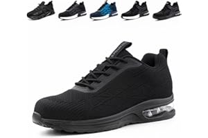 Loiston Chaussures de Sécurité Hommes Basket de Securite Femme Embout Acier Antidérapante Légère Coussin d'air Absorption Chaussures de Travail Noir Bleu Gris EU36-48