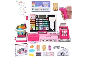 HEUCHAEY Caja Registradora Juguetes para Niños, Máquina Registradora Juguete Infantil Kit, con Escáner, Tarjeta de Crédito, Cesta Compra, Caja Supermercado Juguete, para NiñAs Niños 3+ Años, Rosa