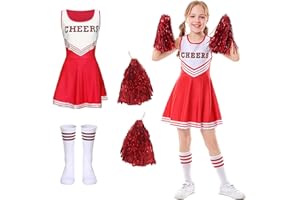 Emafymb Disfraz Animadora Niña, Niños animadora de Disfraces con Pompones y Calcetines de Carnaval, Disfraz de Animadora Infantil, Adecuado Carnaval, Fiesta Temática, Eventos Deportivos