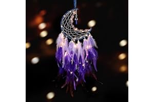 Dremisland Księżyc łapacz snów z wróżką światełkami, ręcznie wykonany kolorowy pióro, szczęśliwy turkus wisiorek, wisząca ozdoba ścienna dla dzieci, do domu, sypialni, dekoracja ścienna, prezent rzemieślniczy, (czysty fioletowy)