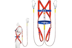 FIYSON Kit di protezione anticaduta con imbracatura, 5 punti di sicurezza di protezione, con 2 punti di connessione + 2 m cinghia cordino + doppio gancio grande per il lavoro aereo, arrampicata e
