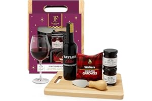 TOPLINE Port, Chutney & Cheeseboard Gift Set - Red Wine 20cl, 2 x Mini Chutneys, Oat Biscuits, Wooden Cheese Board & Knife. Great Christmas Gifts for Women, Cheese Hamper, Birthdays Gifts for Men