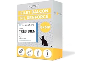 PiuPet® Filet de Protection Chat I 8x3m I Filet renforcé I avec Corde de Fixation I Protection Balcon Chat | Protection Chat Balcon | Grillage Fenetre Chat