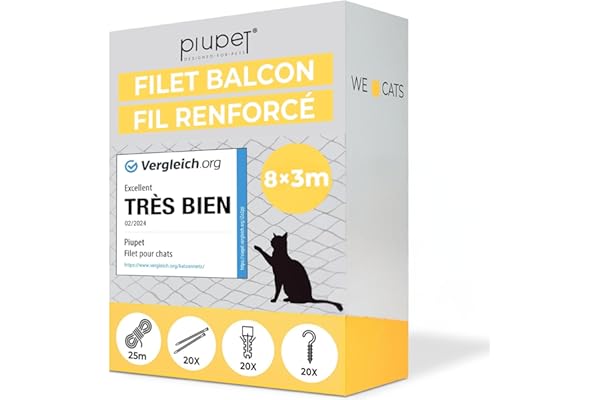 PiuPet® Filet pour Chat I 8x3m I Filet renforcé I avec Corde de Fixation I Protection Balcon Chat | Protection Chat Balcon | Grillage Fenetre Chat