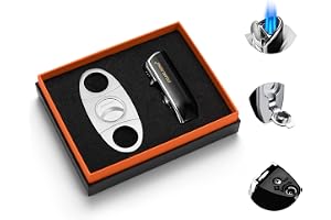 CIGARLOONG Cigar Cutter and Lighter Set Double Blade Simple Cigar Guillotine and 3 Jet Torch Blue Flames Refillable Lighter with Gift Box(Black),Without Gas