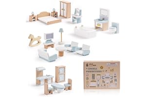 ROBUD Möbelset i trä, 23 st dockhustillbehör, miniatyrmöbler inklusive 5 rumssatser, dockhusmöbler låtsaslekleksaker för pojkar, flickor och småbarn, 3+