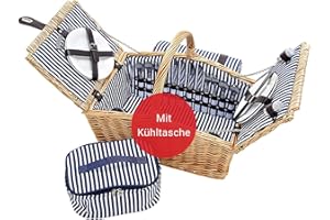 ‎WOMA WOMA Picknickkorb blau weiß gestreift mit Tragegriff für 4 Personen I Geflochtener Weidenkorb mit Besteck, Geschirr & Weingläsern für Fahrrad & Auto I Moderner Picknickkorb mit Kühlfach