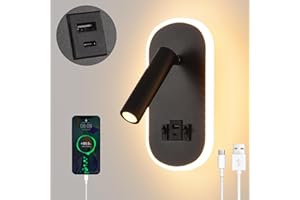 KUKAK LED Liseuse de chevet,Applique Murale avec interrupteur,USB + TYPE C port de charge Luminaire Murale,3W 3000K + 9W 6000K éclairage d'ambiance de chambre à coucher,Spot réglable Lampe de Lecture Noir
