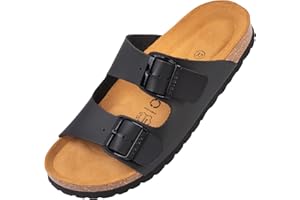 Palado Damen Pantoletten Korfu - Modische Sandalen mit 2 verstellbaren Riemen - Herren Hausschuhe mit Sohle aus feinstem Veloursleder und Natur Kork-Fussbett