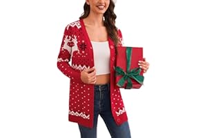 Crewhpo Cárdigan Navidad para Mujer Invierno Chaqueta de Punto Suéter Frente Abierto Jersey Manga Larga Cuello en V Cárdigans con Botones