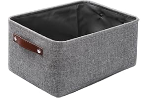 Mangata Faltbare Aufbewahrungskörbe mit Ledergriff, Verdicktes Leinen Stoff Aufbewahrungsbox Korb für Kleiderschrank, Unterwäsche, Bücher, Kosmetik (Grau, Klein)