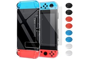 FYOUNG Coque et Protection D'écran Compatible avec Nintendo Switch, Étui PC Crystal Clear + Housse De Manettes Séparée + Film De Verre Trempé + Capuchon De Pouce - Transparent (Pas pour Switch OLED)