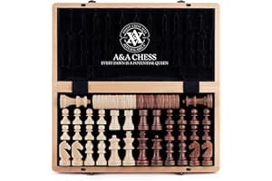 A&A Wooden Chess Set, 2 in 1, 15" Folding Board, 3" King Height German Knight Staunton Chess Pieces/Mahogany & Maple Wood / 2 Extra Queen/Board Games