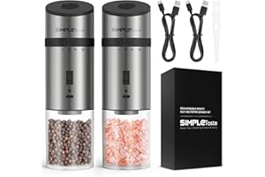 SIMPLETASTE Molinillo Pimienta Electrico, Molinillo Recargable para Sal y Pimienta, con Cable USB-C, Adecuado para Cocina, Barbacoas, Fiestas, etc. (Set de 2 Piezas)