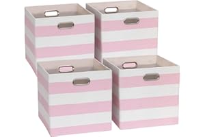 BinWhiz 4-Pack 33x33x33 cm Foldable Storage Cube Bins, Fabric Stripes Home Organizer Boxes with Metal Handles for Kallax Shelves, Closet, Cabinet, Bookcase Decor and Laundry (Pink & White)