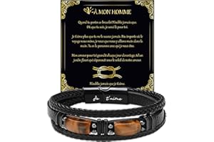 LEAFIA Bracelet Homme œil de tigre, Bracelet en cuir Manchette tressé à la Main Classique, gravé Je t'aime, Cadeau Anniversaire, Cadeau de Noel, Saint Valentin, pour Papa Mari Copain Couple