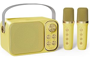 BESCOST Karaoke per Bambini Giallo Professionale Completo con 2 Microfoni Wireless,Cassa Portatile 7 Effetti Sonori,Idea Regalo Compleanno,Giocattolo Natale 5-14 Anni