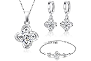 Crystalina Juego de Joyas de Plata 925 para Mujer, Conjunto de Collar Pendientes y Pulsera con Circonitas, Conjunto joyas de plata para Mujer, Regalos Originales para Mujer (Flor)