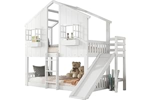 I0I&I0I Etagenbett Kinderbett mit Rutsche, Dach und Fenstern, mit Fallschutzgitter, Dreistufiger Leiter, Flexibel Nutzbarem Unterbett, Kiefer+MDF (Weiß, 90x200cm)