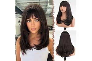 FESHFEN Perruque Longue avec Frange, Naturelle Synthétiques Brun Perruque de Cheveux Perruque Carnaval de Cosplay pour Femme 45 cm