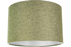 Contemporary and Sleek 14 Inch Olive Sage Green Linen Fabric Drum Lamp Shade 60w Maximum | 35cm Diameter | for Table Lamp or Pendant by Happy Homewares