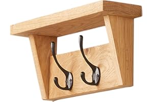 Fox and Grain Solid Oak Coat Rack (2 Hooks) | Wall Mounted Coat Hooks with Shelf for Display/Storage | Wooden Stylish & Versatile Hallway Decor | Heavy Duty Double Hooks | Handcrafted in The UK