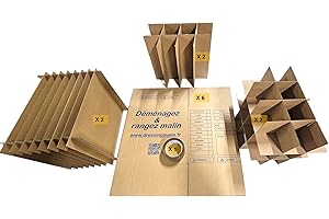 DRESSING MALIN Kit Déménagement Vaisselle – 6 cartons multi-usage (34x26x32 cm, 28L), 2 séparateurs 9 assiettes, 2 séparateurs 36 verres, 2 séparateurs 12 bouteilles, 1 rouleau adhésif Havane (4,6 cm x 68 m)