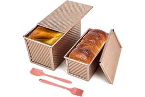 RMIVEGLIA Lot de 2 Moule à Pain de Mie avec Couvercle – Moule Antiadhésif avec Couvercle pour Pain, Gâteaux & Pâtisseries, Moule a Brioche, Inclus 1 Spatule en Silicone et 1 Pinceau en Silicone.