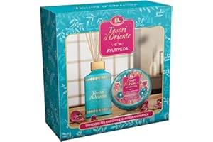 Tesori d'Oriente - Set Regalo, Profumatore per Ambienti con Bastoncini 200 ml e Candela Profumata Piccola 109 gr, Fragranza Ayurveda, Confezione Regalo