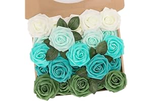 N&T NIETING Artificial Roses Flowers, 25pcs Real Touch Fake Roses Foam Roses Flowers with Stem for DIY Wedding Bridesmaid Bridal Bouquets Centerpieces Party Cake Decoration, Series Green