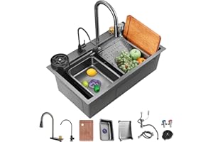 RIBANEDY Fregadero de cocina Nano negro Fregadero cascada de acero inoxidable 304 Fregadero de cocina de estación de trabajo de un solo tazón con grifo de cascada de carga superior multifuncional (75X45X21 cm)