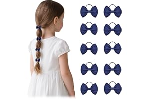 Dalababa 10 Pcs Girls Hair Bows Ties, 2 Inches Solid Color Small Elastics Ponytail Holders Pigtails Ribbon Bobbles Hairbands, Toddler Kids Girls School Hair Accessories - Navy Blue