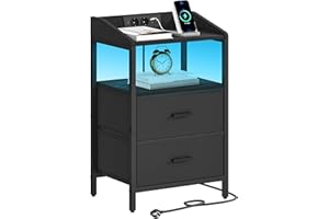 Hzuaneri Stolików nocnych z oświetleniem LED i stacją ładującą, szafki nocne z 2 szufladami z tkaniny, stolik boczny z portami USB, stoliki nocne do sypialni (Czarny, 1er Set)