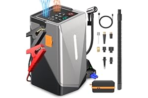 ‎MQFORU Starthilfe Powerbank mit 150PSI Kompressor, 3000A Auto Starthilfe für 12V Fahrzeuge (Bis zu 10L Benzin/8L Diesel), 6-in-1 Tragbare Starter Powerbank mit Starthilfekabel/LED Taschenlampe/USB Ausgänge