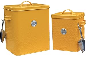 Muddy Hands Set of 2 Mustard Tin with Lid & Scoop - Storage Container for Wild Bird Seed Pet Dog Cat Animal Food