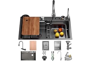 OMGMTSTORE Lavandino Cucina Nero Antracite 90 x 50 cm,Lavello Cucina 1 vasca con LED rubinetto estraibile,Multifunzione Cucina in acciaio inox,Lavabo Cucina con Sifone Antiodore e Kit Scarico Completo