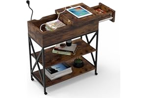 Rcynview Mesita de noche con base de carga, mesita de noche con almacenamiento, mesa auxiliar con cajón, estilo industrial, para salón, dormitorio, marrón rústico y negro, 60 x 30 x 66 cm