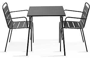 Oviala Ensemble Table de Jardin carrée et 2 fauteuils Acier Gris - Palavas