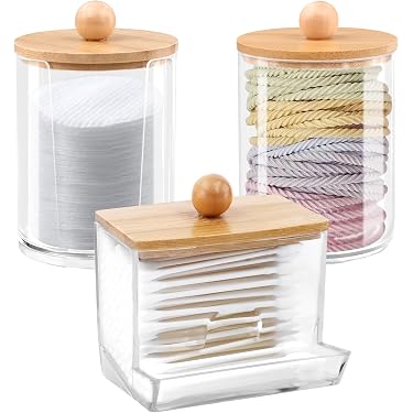 Boîte De Rangement En Acrylique Avec Couvercle En Bambou - Pour Cotons-tiges, Maquillage - Salle De Bain
