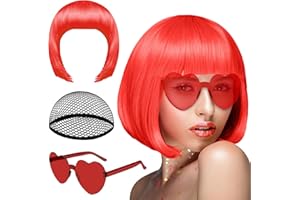 PLULON Juego peluca y gafas sol color rojo corto Bob, peluca corta neón Bob, paquete gafas sol, peluca cosplay colorida, postizos para despedida soltera, regalos neón, decoraciones Halloween