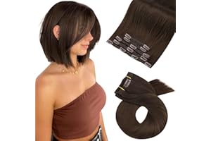 Moresoo Extensiones de Clip Pelo Liso Extensiones Clip Cortas Cabello Humano Extensiones Pelo Natural Castaño Oscuro 25 cm 5pcs 70G #4